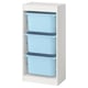 A TROFAST storage unit, white with three blue plastic boxes, stacked vertically for child-friendly organisation.