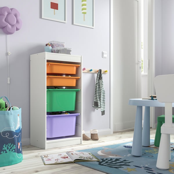 TROFAST storage unit, white, plastic boxes, horizontal, well-organized, childrens room.
