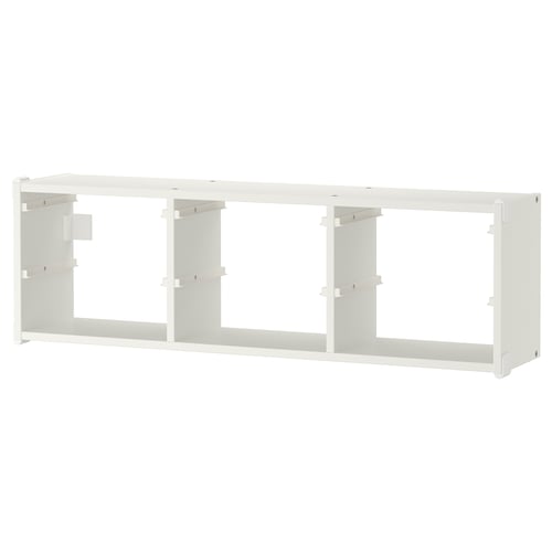 A white TROFAST storage frame. Its a minimal design with a rectangular shape, made from paper foil and particleboard. Ideal for organising items.