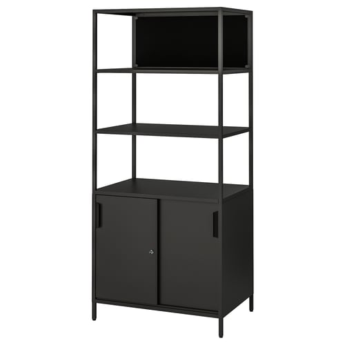 TROTTEN: black metal double-sided storage unit with open and closed sections, modern design.