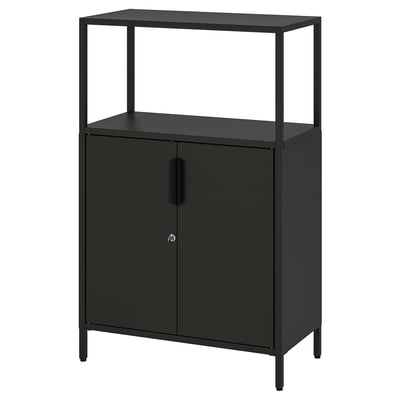 TROTTEN black metal storage cabinet with adjustable shelves.