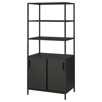 TROTTEN black storage. Combines open, closed cabinets. Metal frame, epoxy finish. Standing on adjustable feet. Elegant, practical for dividing spaces.