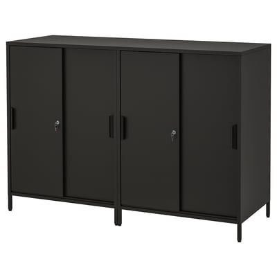 Black TROTTEN double-sided steel cabinet with lockable doors, adjustable shelves, ideal room divider.