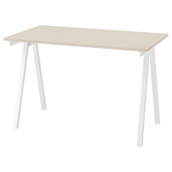 TROTTEN: light beige desk, rectangular, four angled white legs, simple design.
