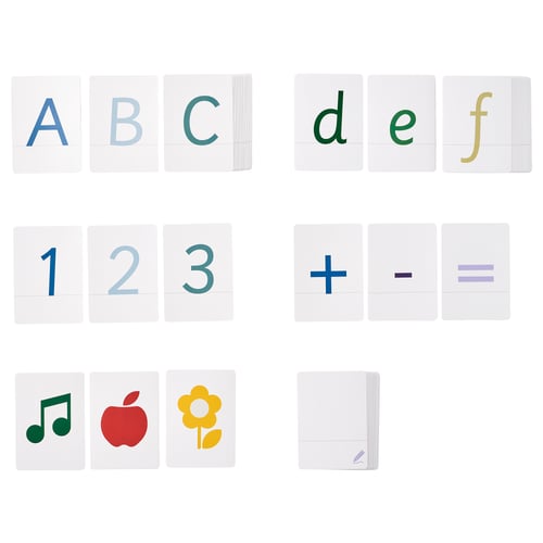 UNDERHÅLLA alphabet cards: blue, green, yellow, red. Grid layout with letters, numbers, symbols. Kids educational toy.