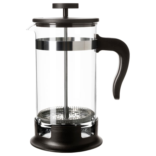 Black UPPHETTA cafetière coffee maker; glass, stainless steel, plastic; round, clear design.
