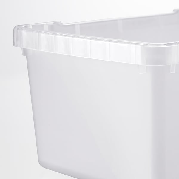 Clear plastic storage box with ribbed lid, designed for stacking.