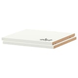 A white melamine shelf with metal brackets.