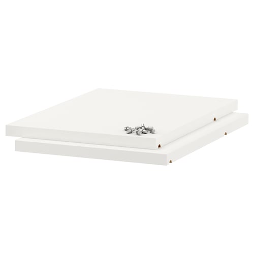 Two white UTRUSTA shelves by IKEA, made of durable melamine, showcased in a sleek rectangular shape.