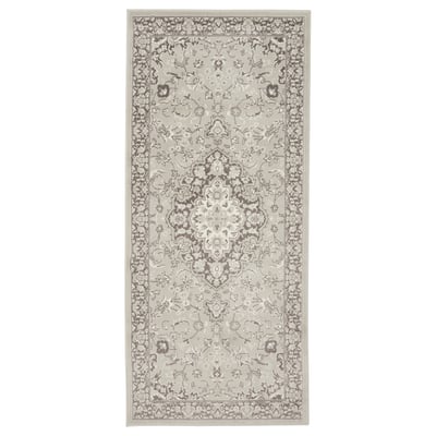 VEDBÄK grey rug, rectangular, classic floral pattern, durable synthetic material.