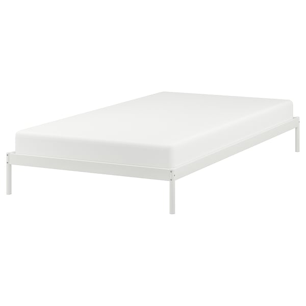 VEVELSTAD white metal bed frame, minimalist design, rectangular shape.