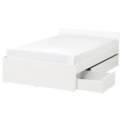 White VIHALS bed with 2 storage drawers, modern design, particle board, air circulated base.