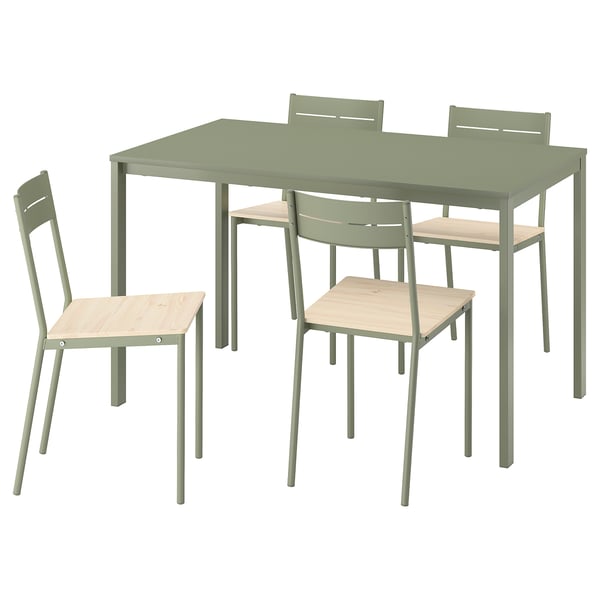 A green VIHALS dining set with a rectangular table and four matching chairs. Modern design with metal frames and wooden seats.