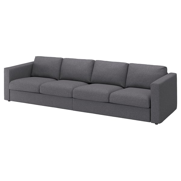VIMLE sofa: grey, modern, wide, soft fabric, deep cushions, clean lines.