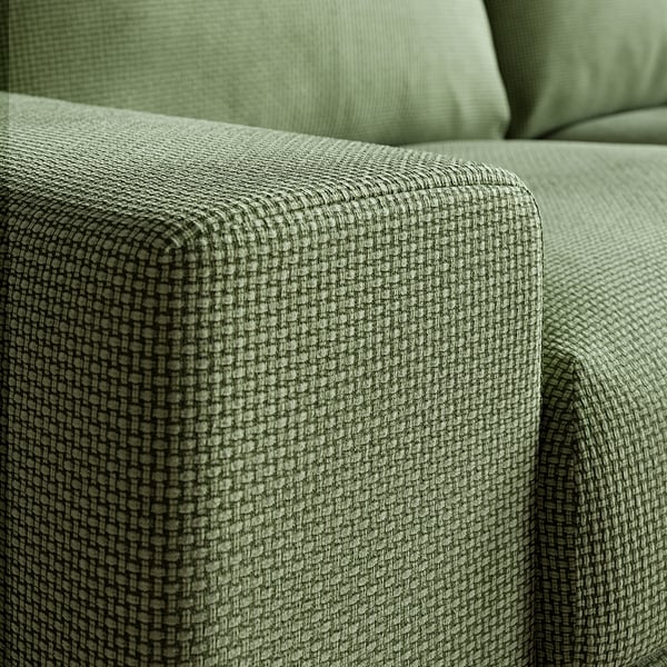 Close-up of cushions on green VIMLE sofa, showcasing soft, textured recycled fabric and robust stitching.