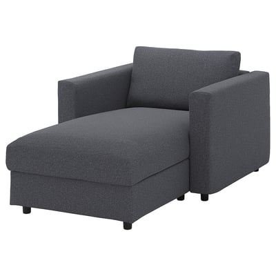 Dark grey VIMLE chair, modern minimalist design, arms, legs, machine-washable fabric.
