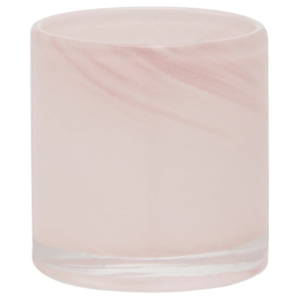 Cylindrical pastel pink glass tealight holder with swirl pattern.