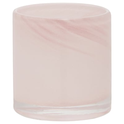 Cylindrical pastel pink glass tealight holder with swirl pattern.