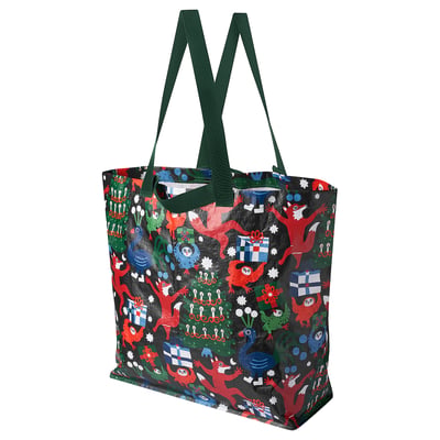 VINTERFINT festive tote bag, black with red foxes, blue birds, and green trees, with durable green handles.