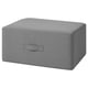 Grey fabric upholstered ottoman with carrying handle.