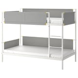 A white VITVAL bunk bed with grey fabric guardrails, featuring soft shapes and elastic edge bands.