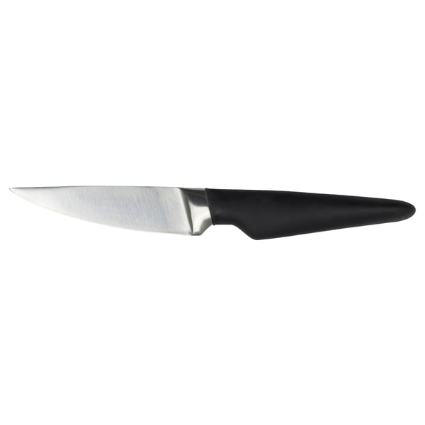 A black-handled stainless steel knife with a sleek design, perfect for fruit and vegetable prep.