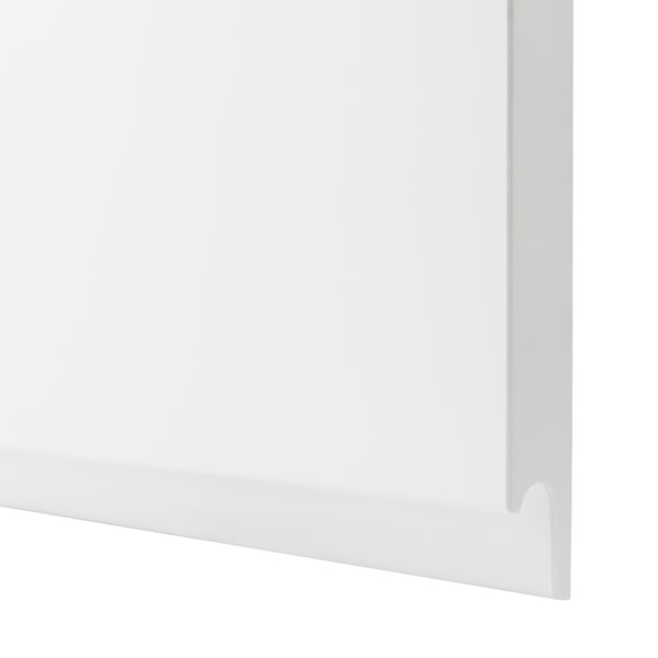 Close-up of a sleek, modern white cabinet front with smooth, seamless edges. The minimalistic design a subtle, integrated handle for a clean look.