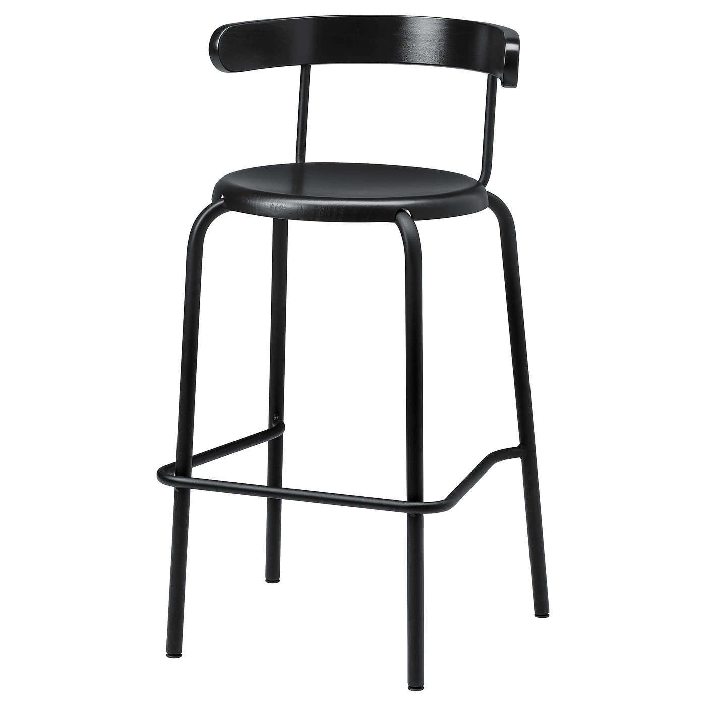 A black YNGVAR bar stool with a wooden seat and metal frame. It has a sleek, modern design perfect for public spaces.