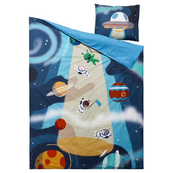 AFTONSPARV アフトンスパルヴ 掛け布団カバー&枕カバー, 宇宙/ブルー, 150x200/50x60 cm