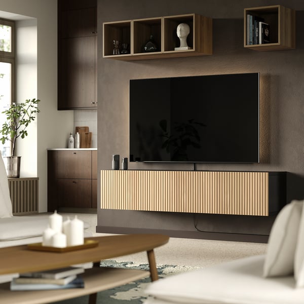 BESTÅ ベストー テレビ台 扉付き, ブラックブラウン ビョルケヴィーケン/オーク材突き板, 180x42x38 cm