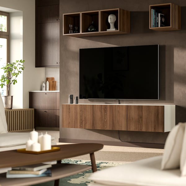 BESTÅ ベストー テレビ台 扉付き, ホワイト ラップヴィーケン/ブラウン ウォールナット調, 180x42x38 cm