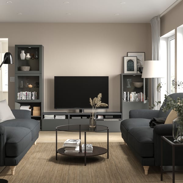 BESTÅ ベストー テレビボード/ガラス扉, ダークグレー ラップヴィーケン/シンドヴィーク ダークグレー, 300x42x193 cm