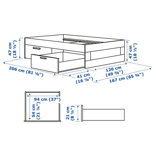BRIMNES ブリムネス ベッドフレーム 収納付き, ホワイト/ロンセット, 120x200 cm