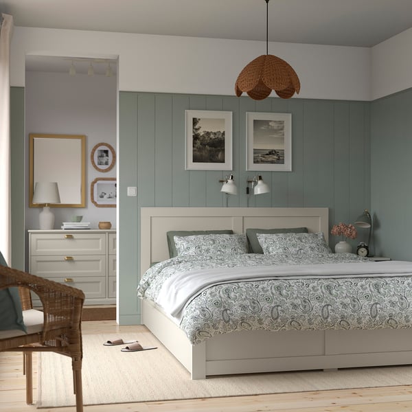 FÅGELFJÄLLET フォーゲルフィェレット ベッドフレーム 収納ボックス2個付き, オフホワイト/ロンセット, 140x200 cm
