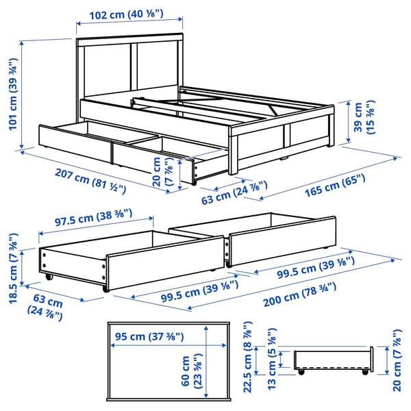 FÅGELFJÄLLET フォーゲルフィェレット ベッドフレーム 収納ボックス2個付き, オフホワイト/ルーローイ, 90x200 cm