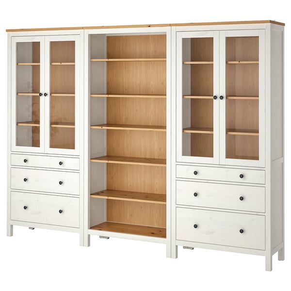 HEMNES ヘムネス 収納コンビネーション 扉/引き出し付き, ホワイトステイン/ライトブラウン, 270x198 cm
