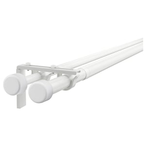 HUGAD フーガード / RÄCKA レッカ ダブルカーテンロッドコンビネーション, 壁/天井用ブラケット付き/フィニアル付き ホワイト, 210-385 cm