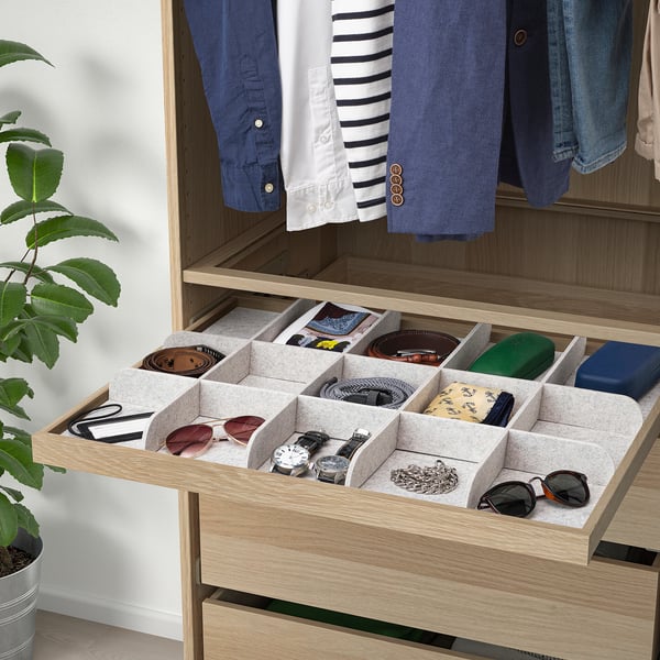 KOMPLEMENT コムプレメント 引き出し式トレイ 仕切り付き, ホワイトステインオーク調/ライトグレー, 75x58 cm