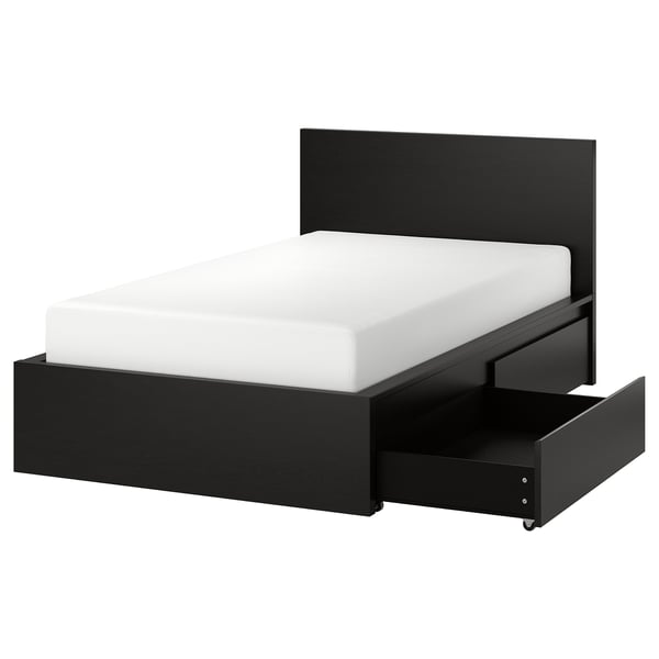 MALM マルム ベッドフレーム 収納ボックス2個付き, ブラックブラウン/ロンセット, 120x200 cm