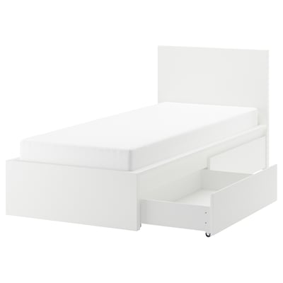 MALM マルム ベッドフレーム 収納ボックス2個付き, ホワイト/ルーローイ, 90x200 cm