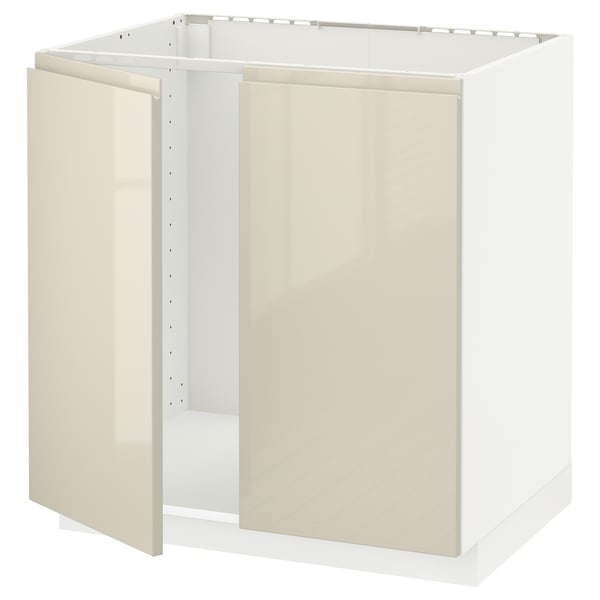 METOD メトード ベースキャビネット シンク用+扉2枚, ホワイト/ヴォックストルプ ハイグロスライトベージュ, 80x60x80 cm