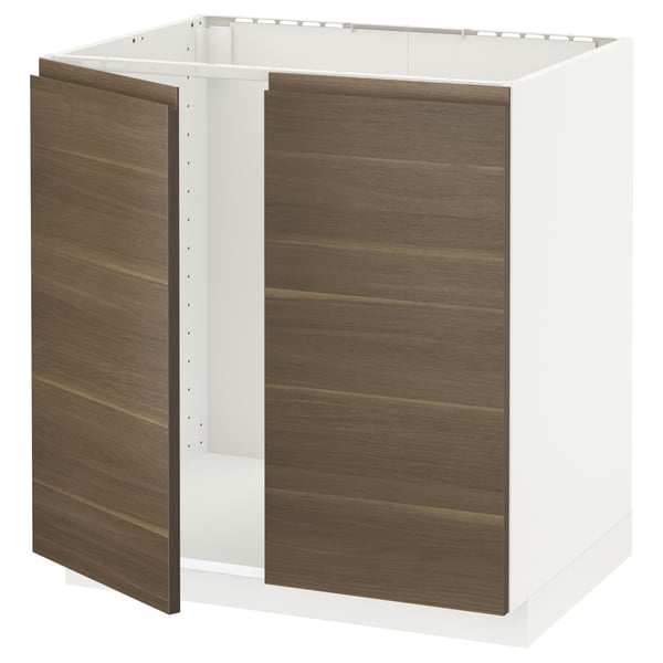 METOD メトード ベースキャビネット シンク用+扉2枚, ホワイト/ヴォックストルプ ウォールナット調, 80x60x80 cm