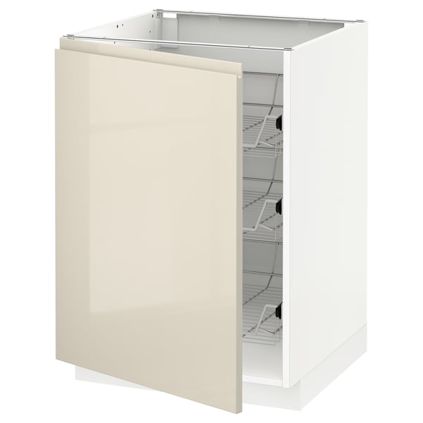METOD メトード ベースキャビネット ワイヤーバスケット付き, ホワイト/ヴォックストルプ ハイグロスライトベージュ, 60x60x80 cm