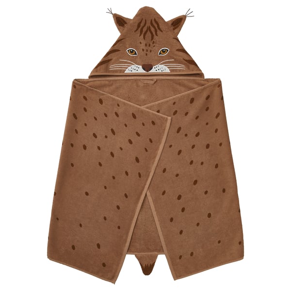 SKOGSDUVA スコグスデューヴァ フード付きバスタオル, オオヤマネコ形/ブラウン, 70x140 cm