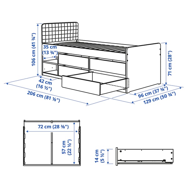 SLÄKT スレクト ベッドフレーム 収納付き, ヘッドボード付き/ヴィースレ ベージュ, 90x200 cm