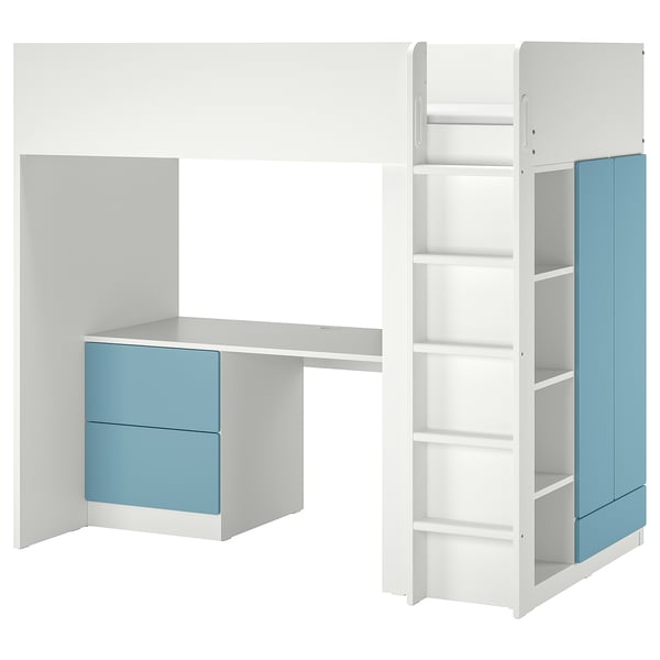 SMÅSTAD スモースタード ロフトベッド, ホワイト ブルー/デスク付き 引き出し3段付き, 90x200 cm