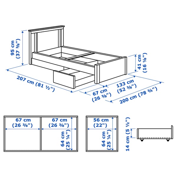 SONGESAND ソンゲサンド ベッドフレーム 収納ボックス2個付き, ブラウン/ルーローイ, 120x200 cm