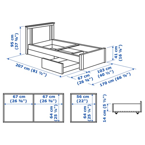SONGESAND ソンゲサンド ベッドフレーム 収納ボックス2個付き, ブラウン/ルーローイ, 90x200 cm