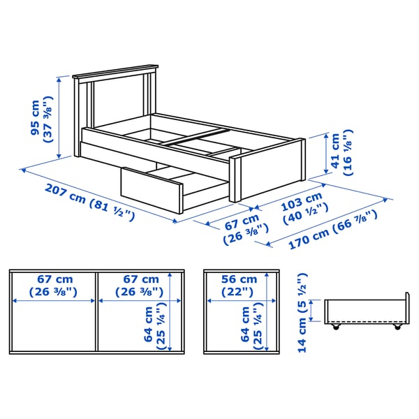 SONGESAND ソンゲサンド ベッドフレーム 収納ボックス2個付き, ブラウン, 90x200 cm
