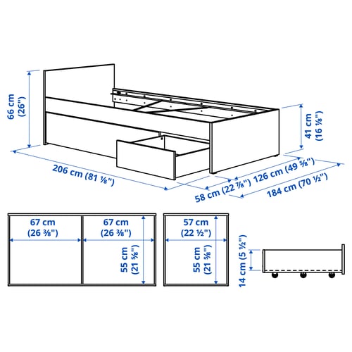 VIHALS ヴィーハルス ベッドフレーム 収納ボックス2個付き, ホワイト/ルーローイ, 120x200 cm